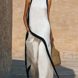 Ruca - Conjunto de dos piezas elegante de lino y algodón con corte artístico para Mujer