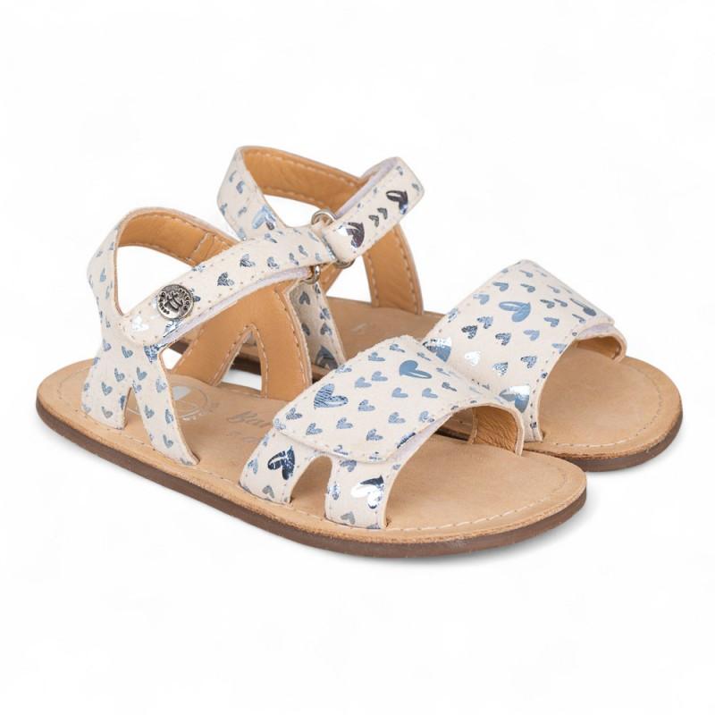 Sandalia de piel BAREFOOT en piel con velcro y estampado de corazones