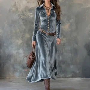 Naria | Vestido maxi de terciopelo para damas con mangas largas
