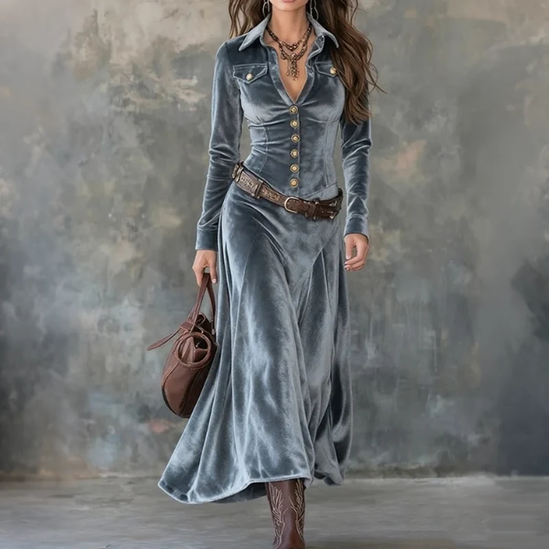 Naria | Vestido maxi de terciopelo para damas con mangas largas - Imagen 2