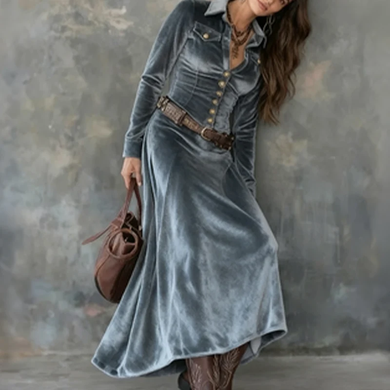 Naria | Vestido maxi de terciopelo para damas con mangas largas - Imagen 6