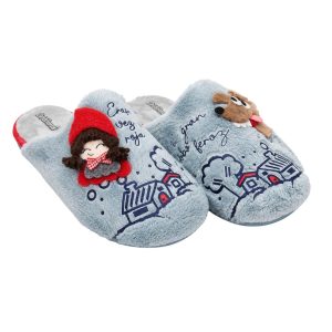 Zapatillas de mujer para casa en algodon natural con estampado de capelucita y el lobo