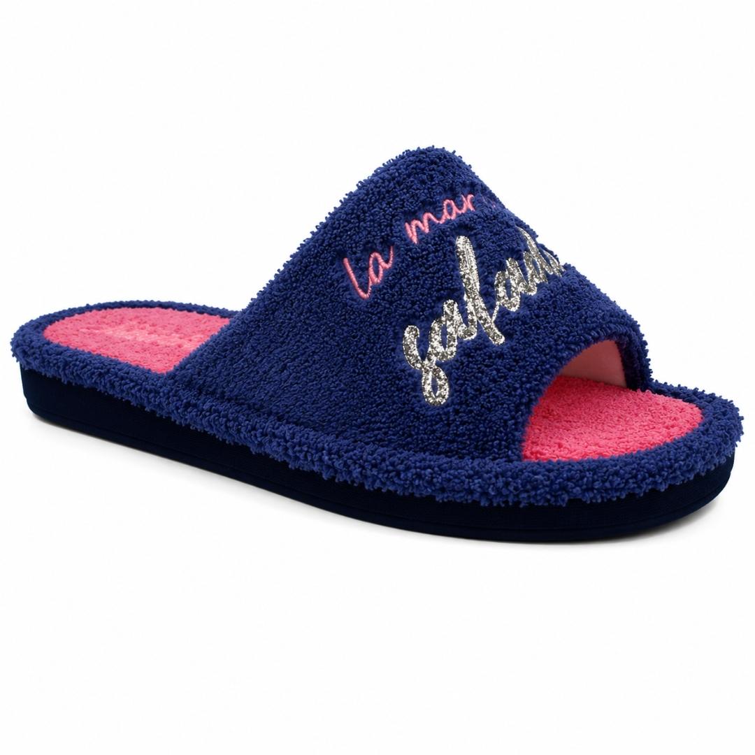 Zapatilla de casa abierta de toalla con adorno de pez y letras “la mar” - Imagen 4
